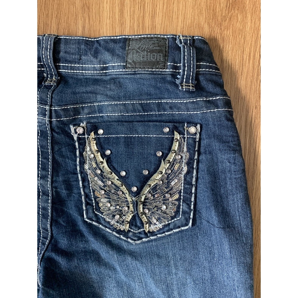 Love Nation Womens Bermuda Jean Shorts Sz 4 Denim Pockets Embellished Bling Wing